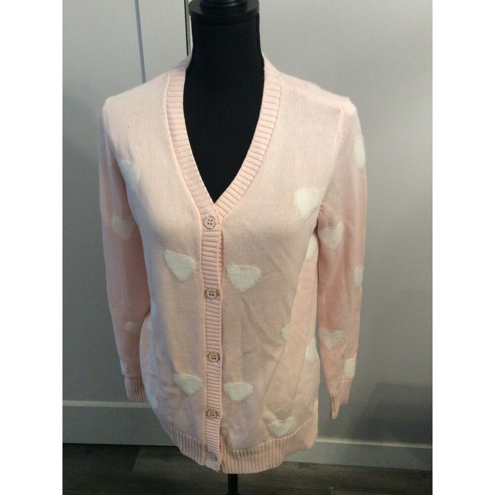 Belle by Kim Gravel Pink Heart Button Up Cardigan Sweater XS Women's